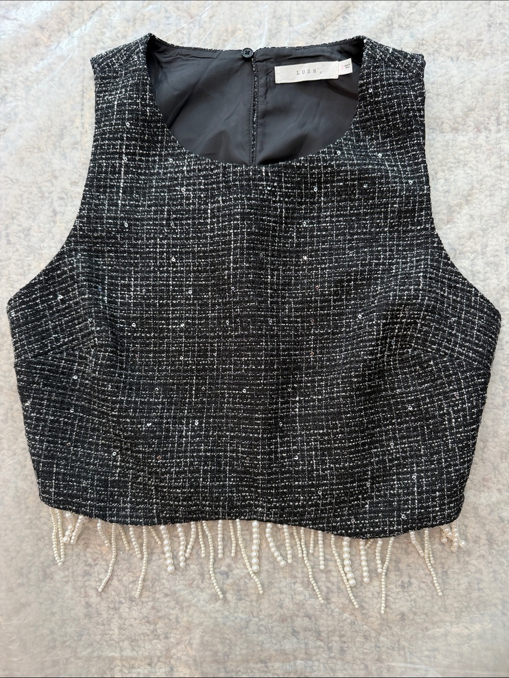 Lush Black Tweed Pearl Fringe Crop Top
